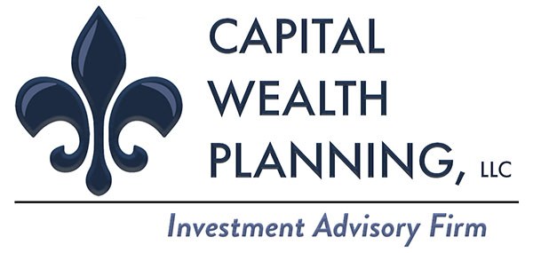 Logo der Capital Wealth Planning, LLC: ein blauer Kreis mit wei├čer Umrandung und mittig ein wei├čes 'C', umgeben von einem wei├čem Ring mit blauem Text 'Capital Wealth Planning', und wei├čer Text 'Investment Advisory Firm' darunter.