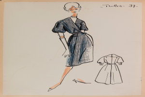 Eine Zeichnung einer Frau in einem Kleid im Stil der 1960er Jahre mit einem Kragen, langen Ärmeln und einemrock, die mit ausgestreckten Armen und leicht geneigtem Kopf steht, mit dem Text "1960er Jahre" auf dem Papier.