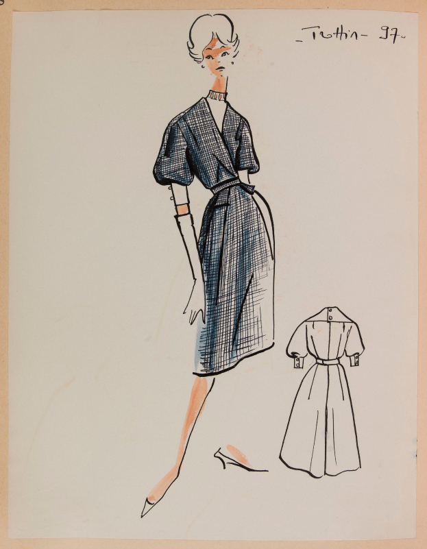 Eine Zeichnung einer Frau in einem Kleid im Stil der 1960er Jahre mit einem Kragen, langen Ärmeln und einemrock, die mit ausgestreckten Armen und leicht geneigtem Kopf steht, mit dem Text "1960er Jahre" auf dem Papier.