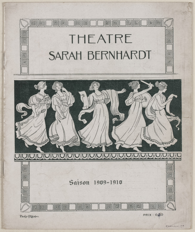Plakat für das Theatre Sarah Bernhardt von 1909-1910, das eine Gruppe von Frauen in der Mitte mit Texten zeigt, die das Theater und seine Künstler beschreiben.