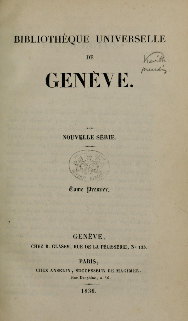 Titelbild eines offenen alten Buches mit der Aufschrift "Bibliothèque Universitaire de Geneve" und sichtbarem Innentext.