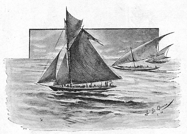 Schwarze und weiße Zeichnung von zwei Segelbooten mit Menschen an Bord, die auf dem Meer segeln, mit Text unten, der "Das erste Segelschiff des 19. Jahrhunderts" lautet.