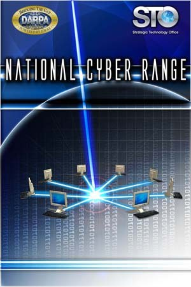 Ein Plakat mit der Aufschrift "Nationales Cyber-Range" in fetter weißer Schrift auf einem blauen Hintergrund, das eine Weltkugel mit mehreren angeschlossenen Computern zeigt.