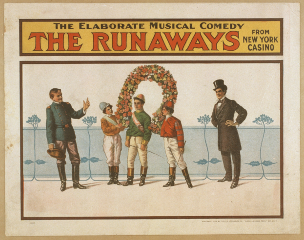 Plakat für "Elaborate Musical Comedy Runaways from New York Casino" mit einer Gruppe von Menschen in einer Reihe, wobei einer einen Strauß hält, und Werbetext.