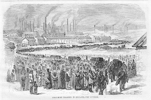 Schwarze und weiße Zeichnung von Menschen vor einer Fabrik mit Häusern und Rauch aus Schornsteinen, beschriftet mit "Kohlebergbauunfall in England das Ende" unten.