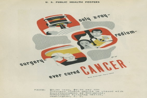 Plakat mit einem Mann in einem weißen Laborkittel und Stethoskop, der entschlossen aussieht, vor einem hellrosa Hintergrund mit großer weißer Schrift, die "Chirurgie Heilt Krebs" lautet.