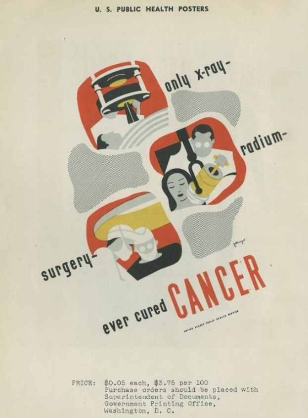 Plakat mit einem Mann in einem weißen Laborkittel und Stethoskop, der entschlossen aussieht, vor einem hellrosa Hintergrund mit großer weißer Schrift, die "Chirurgie Heilt Krebs" lautet.