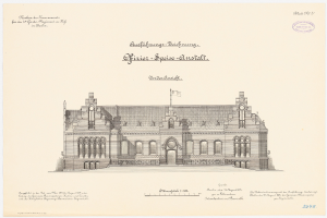 Zeichnung des Reichstagsgebäudes, der Hauptsaal des Deutschen Parlaments in Berlin, mit einer Flagge oben und begleitendem Text.