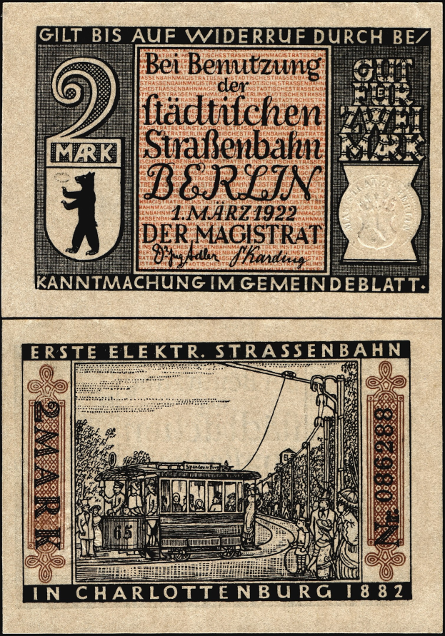 Alte deutsche Banknote mit einer nostalgischen Zug-Illustration und umgebenen Figuren und gedrucktem Text.