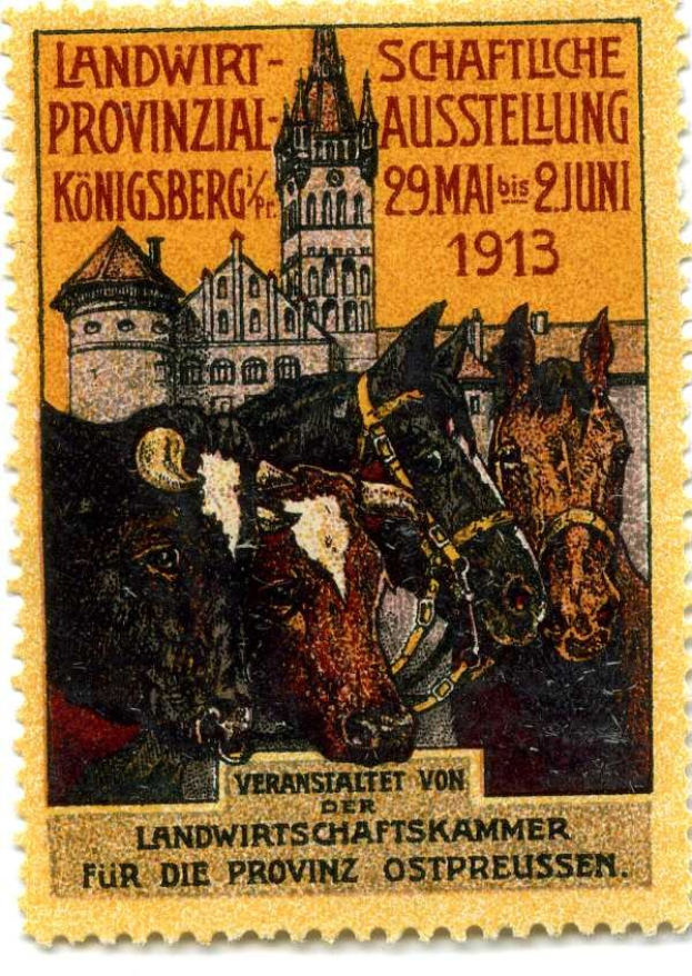 Deutscher Briefmarkenstempel aus ungefähr 1913 mit drei Kühen und einem Schloss darauf, mit der Aufschrift "Landwirtschaftskammer"