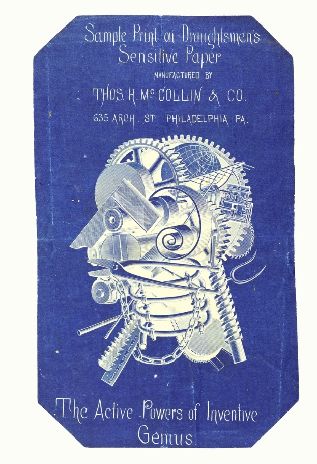 Ein blaues Buch mit dem Titel "Die Aktiven Kräfte des Erfindungsgenies" mit einem weißen Cover, das ein entschlossenes Männergesicht zeigt.