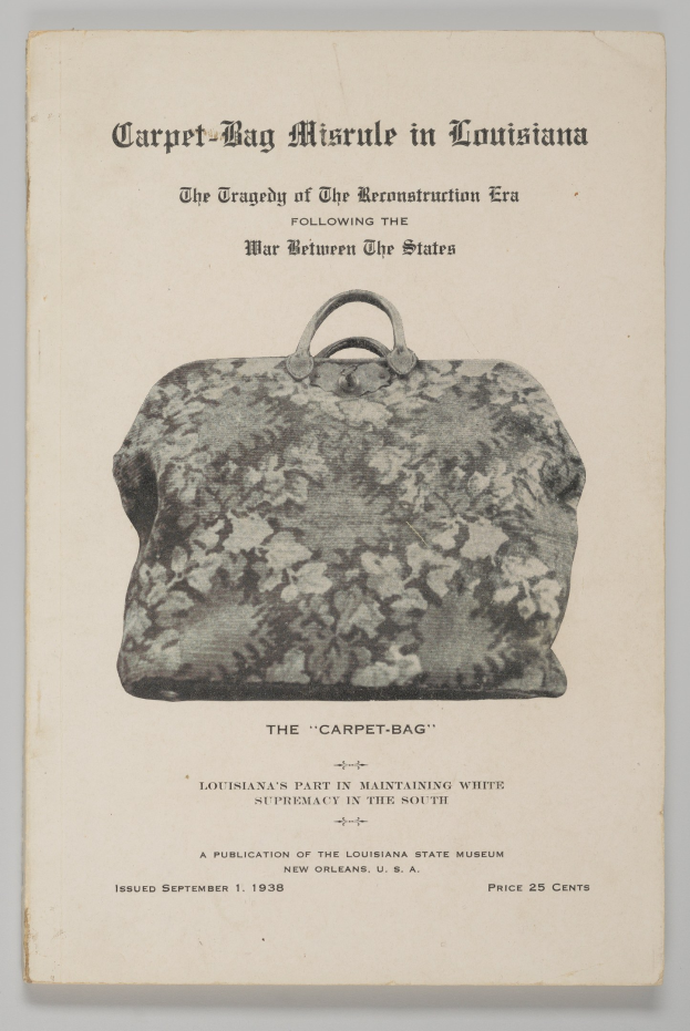 Papier mit einer Abbildung einer hellfarbenen Reisetasche mit Griff, Reißverschluss und Fronttasche, beschriftet mit "Carpet Bag Miracle in Louisiana."