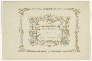 Ein altes Buch mit einem blauen und weißen, detaillierten Design auf dem Cover, mit der Inschrift "Bal Costume".