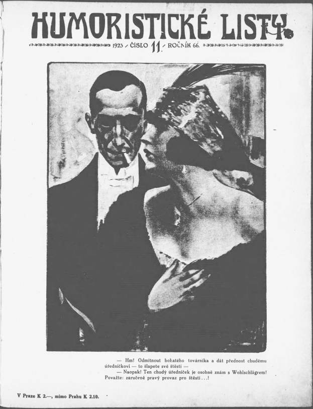 Schwarze und weiße Zeitschriftumschlag mit der Aufschrift 'Humoristische Liste', der einen Mann in einem Anzug mit ernster Miene und eine Frau zeigt, die verschmitzt in die Ferne blickt.