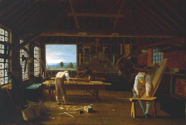 Gemälde mit dem Titel "Die Schreinerwerkstatt" von William Hogarth, das zwei Männer bei der Arbeit in einer Werkstatt zeigt, mit einem Tisch voller Werkzeuge und anderer Gegenstände in der Mitte des Raums, Fenstern auf der linken und rechten Seite und einer Hintergrundansicht von Bäumen, Bergen und Himmel.
