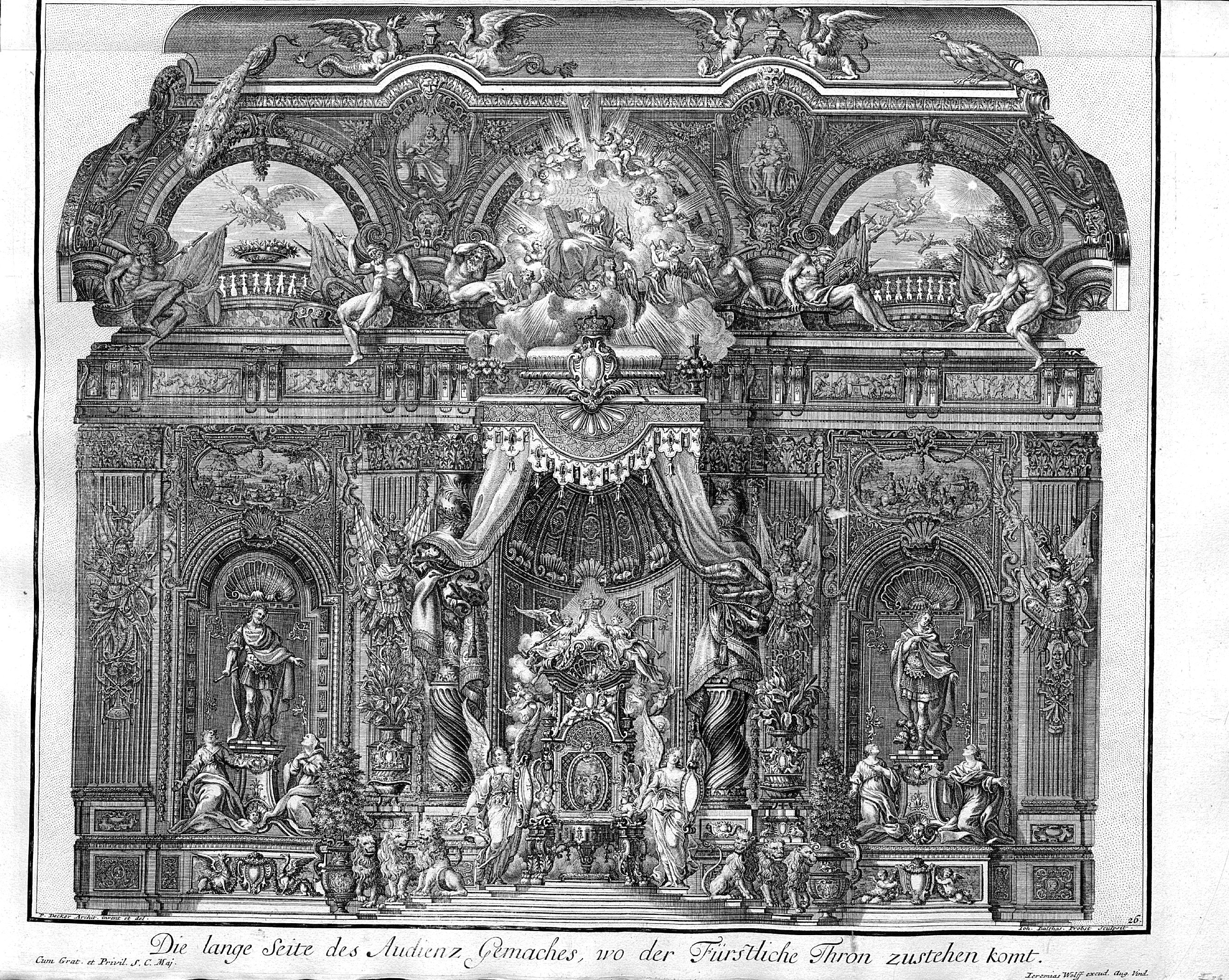 Schwarze und weiße Zeichnung eines prunkvollen Altars mit detaillierten Schnitzereien und Skulpturen, mit einem königlichen Design.