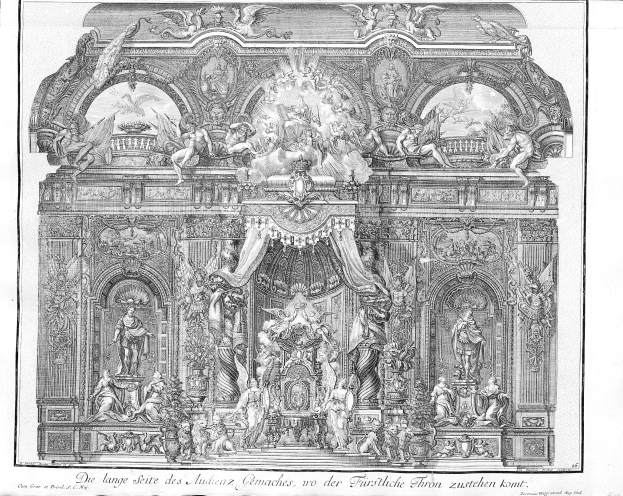 Schwarze und weiße Zeichnung eines prunkvollen Altars mit detaillierten Schnitzereien und Skulpturen, mit einem königlichen Design.