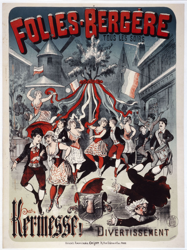 Plakat für das Folies-Bergère-Festival in Paris, Frankreich, das eine Gruppe von Menschen beim Tanzen mit Gebäuden, Flaggen und einem Baum im Hintergrund zeigt und französischen Text oben und unten.