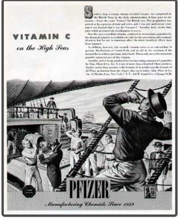 Werbeposter für Pfizer Vitamin C auf einem Schiff, mit Text, Menschen, Seilen und einem Schiff.