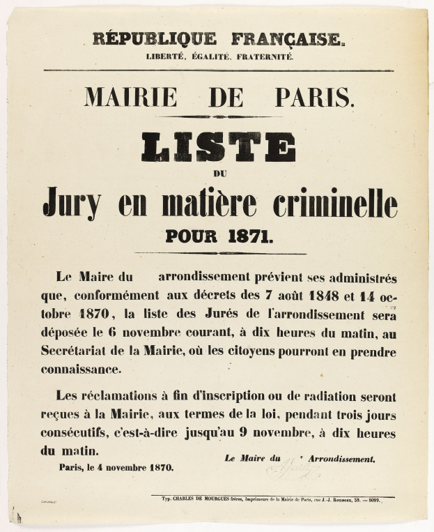 Schwarze und weiße französische Zeitungsanzeige für die "Marie de Paris Liste Jury en Matiere Criminelle" vom 1871, die Text enthält.
