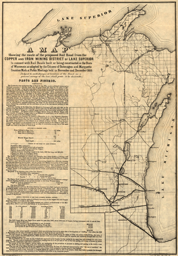 Eine alte Karte der Vereinigten Staaten, die das Kupfer- und Eisenabbaugebiet des Lake Superior hervorhebt, mit detaillierten geografischen Merkmalen, Straßen, Flüssen und beschrifteten Städten, Ortschaften und Gewässern.