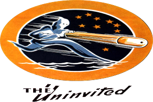 Ein Plakat mit einer Person in einem Raumanzug, die eine leuchtend gelbe Rakete hält, mit den Worten "Die Unerwünschten" in fetter schwarzer Schrift unten, vor einem tiefblauen Hintergrund.