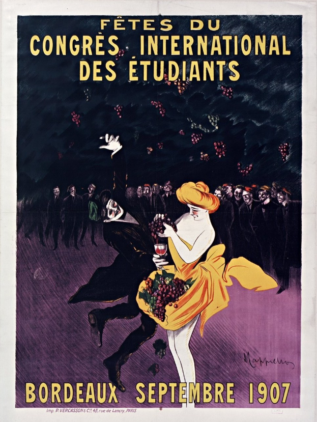 Plakat aus dem Jahr 1907, das ein Weinprobe-Event in Bordeaux, Frankreich ankündigt, mit einer Frau in gelbem Kleid, die ein Weinglas hält, umgeben von einer Gruppe von Menschen, mit Event-Details im Text.